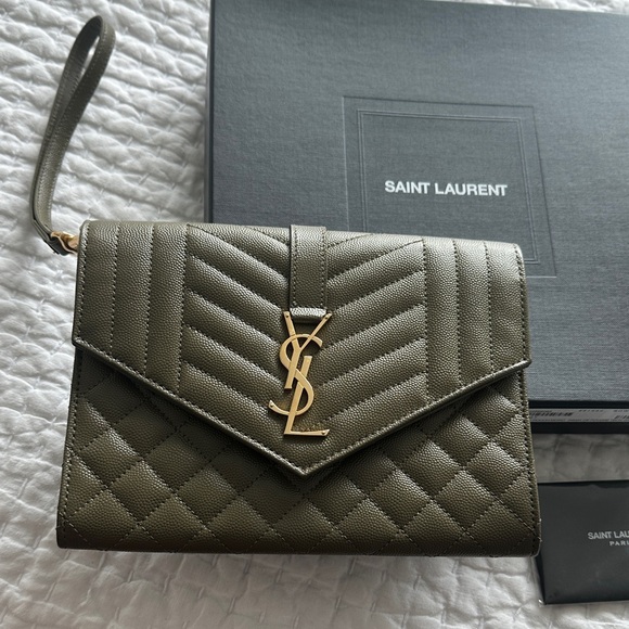 Saint Laurent Khaki Quilted Clutch Grain Leather - Picture 2 of 8